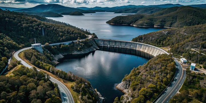Wide aerial view of Strathgordon Dam in Tasmania, Tasmania, Strathgordon Dam, aerial view, landscape