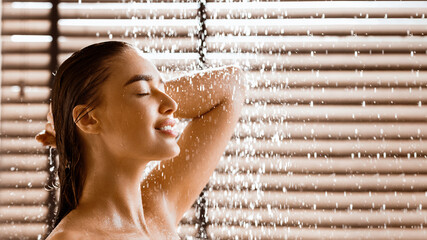 Beautiful Naked Woman Taking Shower In Bathroom, Copy Space