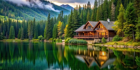 Fototapeta premium Cozy mountain house surrounded by trees overlooking a lake, mountain, house, cabin, trees, snow, winter, cozy, peaceful