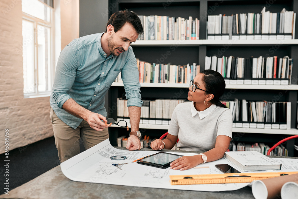 Poster man, woman and tablet with design for architecture with review, talk and floor plan for property in 