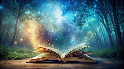 Mystical image of an ethereal book filled with pages depicting enchanted realms, fantasy, magical, book, pages