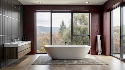 Modern minimalist bathroom with dark gray walls, large windows and an elegant freestanding bathtub