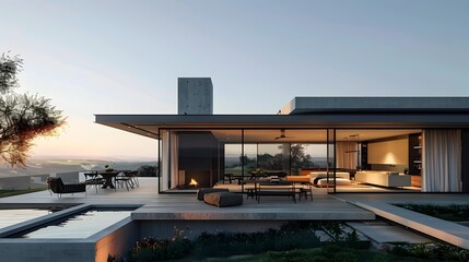 Fototapeta premium Modern House with Large Windows and Pool