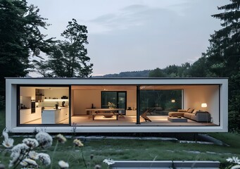 Fototapeta premium Modern Minimalist House with Large Windows and Surrounded by Forest