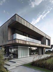 Fototapeta premium Modern Wooden House with Large Windows and Balcony