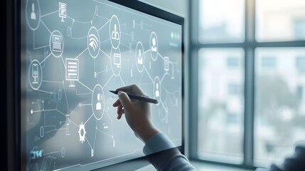 Digital Whiteboard with Collaborative Mesh Icons for Business Workflow and Strategy