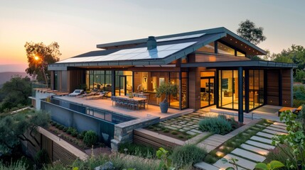 Fototapeta premium Modern house with large windows at sunset