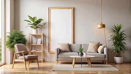 Vertical wooden poster frame mock up in a minimal modern living room interior setting, poster frame, mock up, vertical