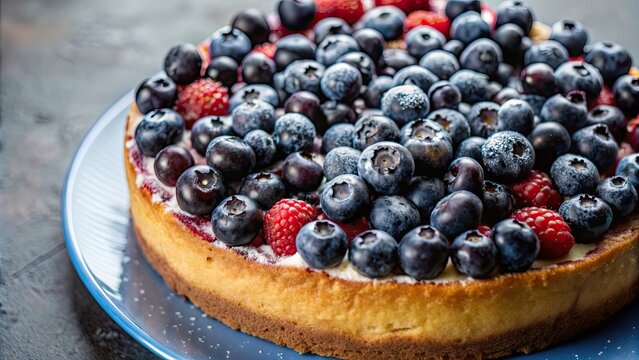 Close-up of delicious keke de blueberries dessert with fresh berries on top, blueberries, dessert, food, sweet, treat