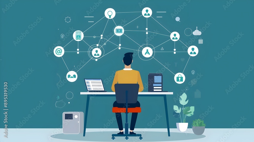 Poster Efficient Remote Work Setup with Connected Digital Tools and Icons