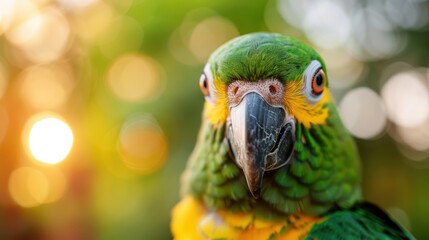 Fototapeta premium A close-up photograph captures the intricate details of a green and yellow parrot's feathers and its intense gaze, against a naturally lit background with bokeh effects.