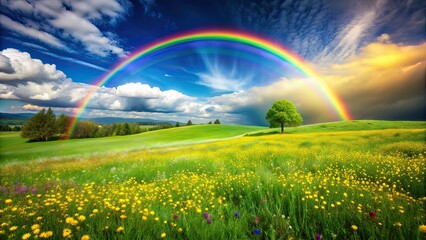 Naklejka premium Vibrant spring meadow with rainbow in background, Spring, meadow, vibrant, colorful, flowers, grass, rainbow, sky, nature