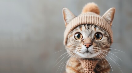 Obraz premium An endearing orange cat wearing a cozy brown winter hat, with a neutral background, providing a warm and homely feel while highlighting the cat’s playful nature.