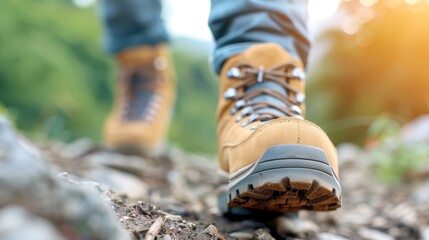 A close-up view of a hiker's boots walking on a rocky trail, highlighting the outdoor scenery and adventurous nature of hiking along rugged paths in the wilderness.