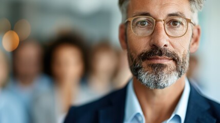 A mature man with glasses and a neatly groomed gray beard, dressed in business attire, standing in a contemporary office environment, showcasing experience and wisdom.