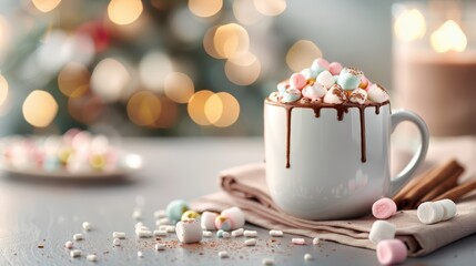 A festive cup of hot chocolate with mini marshmallows and colorful sprinkles, making it a perfect holiday treat. The background is adorned with holiday bokeh lights.