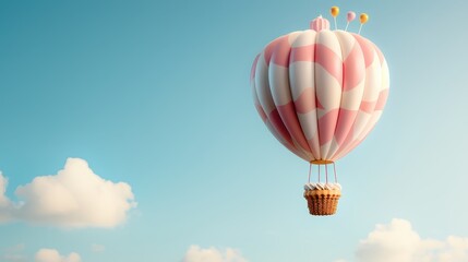 Naklejka premium A whimsical hot air balloon with pink and white stripes flying high against a clear blue sky with scattered fluffy clouds, creating a serene and dreamy scene.