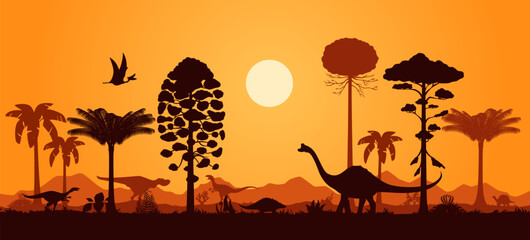 Prehistoric dinosaur silhouettes in sunset of jungle forest, vector Jurassic era lizards. Prehistoric dinosaur silhouettes background of brontosaurus, T-rex tyrannosaurus with velociraptor and birds © Vector Tradition