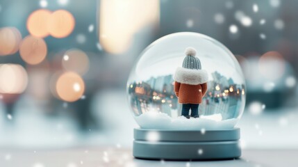 A large snow globe with a boy inside, wearing a winter jacket and knitted hat, outside on a snowy day. Bokeh city lights in the background add a whimsical touch.