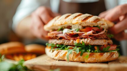 A chef meticulously places the final touches on a sandwich filled with crispy bacon, fresh greens, and a variety of vegetables, showcasing culinary expertise and attention to detail.