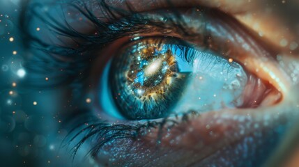 Abstract image of an eye with a galaxy inside the pupil, symbolizing vision and imagination, set against a high-quality backdrop for a surreal effect 