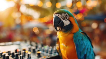 Bright and cheerful tropical parrot standing beside a DJ setup, seemingly enjoying the lively party atmosphere with lights and vibrant decorations in the background.