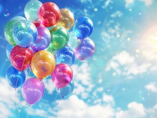 Abstract representation of colorful balloons floating into the sky, symbolizing celebration and joy, set against a high-quality background 
