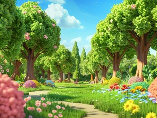 Obraz premium Cheerful 3D cartoon forest filled with animated trees, friendly animals, and bright flowers, with a simple background highlighting the lively and inviting nature of the scene 