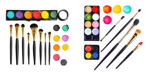 Naklejka premium Colorful makeup items including brushes, palettes, and paints arranged neatly for artistic use and creativity.