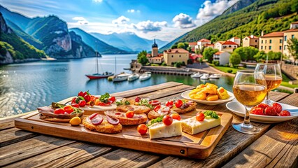 Obraz premium Tasty Italian snacks on wooden board in outdoor cafe with stunning view in Italy , Italian, snacks, wooden board, outdoor cafe