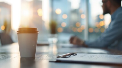 A modern office scene featuring a coffee cup on a conference room table with documents and a pen, against a background of blurred cityscape views through large windows.