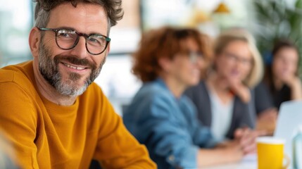 A cheerful man with curly hair and glasses is smiling and sitting in a casual work setting, wearing an orange sweater with colleagues in a collaborative environment.