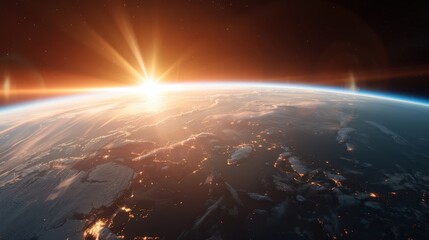 Fototapeta premium An awe-inspiring view of dawn breaking over Earth’s horizon, showcasing the curvature of the planet and the brilliant sun illuminating the sky, viewed from space.