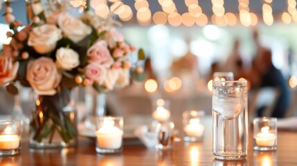 Obraz premium An elegant table set for a special occasion, adorned with a beautiful floral centerpiece and surrounded by glowing candles, creating a warm, inviting atmosphere.