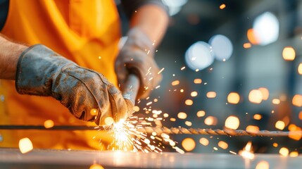 An industrial worker in gloves and apron is seen performing a welding task, with bright sparks flying in various directions, highlighting the intense energy involved.