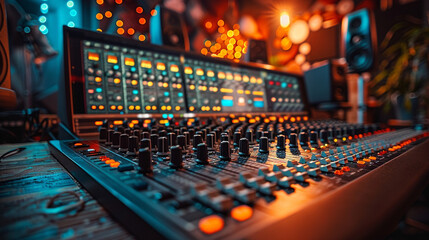 Professional Recording Studio Environment: Mixing Boards, Microphones, and Soundproofing Panels Reflecting Music Production