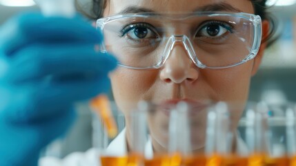 A focused scientist wearing safety goggles and gloves is conducting an experiment in a laboratory, carefully handling test tubes filled with colored solutions for research purposes.