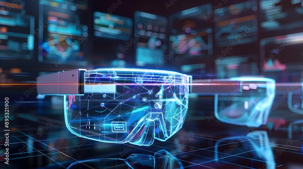 Poster futuristic augmented reality mesh lines depicting digital devices and applications