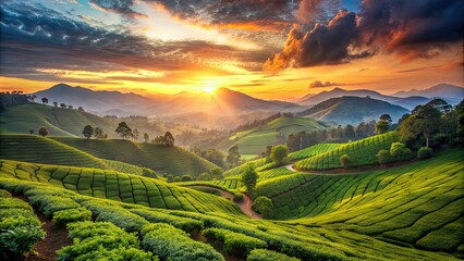 Beautiful sunset over the tea plantations in Munnar, Kerala, India, tea, plantations, Munnar, Kerala, India, landscape © Udomner
