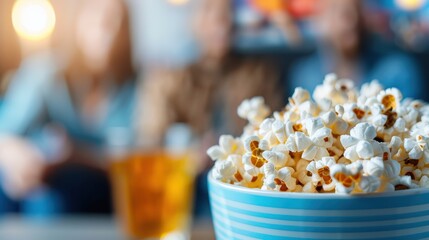 A delightful bowl of popcorn is the focus of this image, with people enjoying a relaxed movie night in the blurred background, celebrating leisure and companionship.