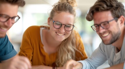 Fototapeta premium Three people focus intently on a board game, all seated and deeply engaged in strategizing and planning, conveying a sense of concentration and friendly competition.