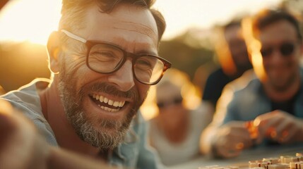 Fototapeta premium A group of friends is deeply engaged in a tabletop game, enjoying a bonding moment during the beautiful golden hour of sunset in a park.