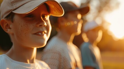 Naklejka premium Several kids, each wearing a hat, stand side by side and enjoy the tranquil park environment as the sun sets, basking in the golden evening glow.
