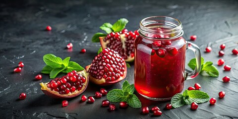 Refreshing pomegranate juice in a jar with fresh pomegranate seeds and mint on a dark slate background, pomegranate, juice