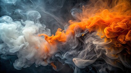 Abstract background of grey and orange smoke , smoky, ethereal, mist, fog, atmospheric, hazy, surreal, vape, texture, backdrop