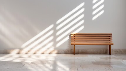 A minimalist interior scene featuring a wooden bench against a wall, where shadows cast intriguing linear patterns, adding depth and artistic interest to the composition.