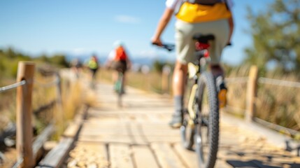 Naklejka premium An engaging image of bicyclists riding on a wooden trail during a bright, sunny day, highlighting the joy of outdoor activity, freedom, and the beauty of nature in full bloom.