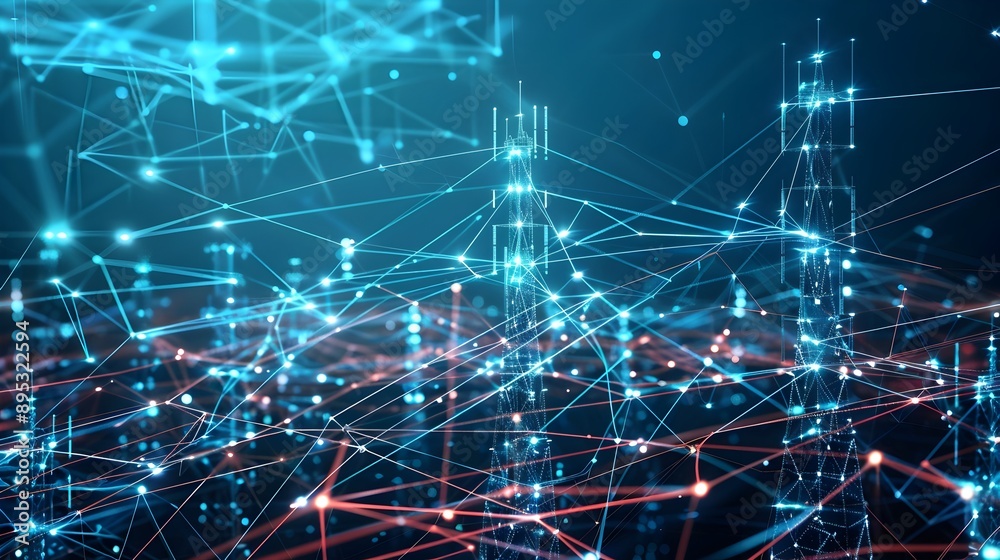 Poster Futuristic Telecommunications Infrastructure with Interconnected Mesh Network Devices and Towers