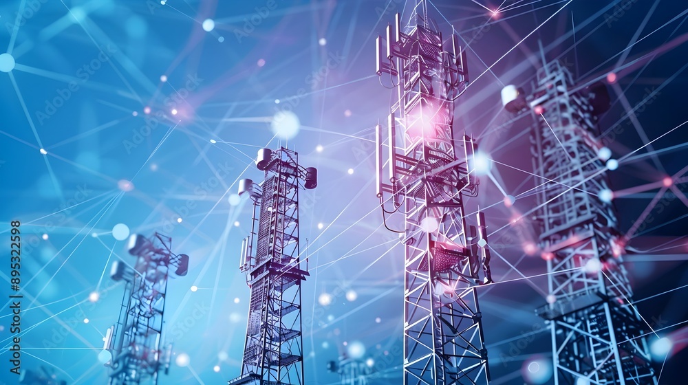 Poster futuristic telecommunications infrastructure with interconnected network towers and devices