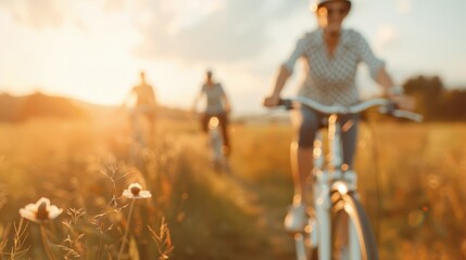 A person cycling on a sunny trail with a warm, golden glow, capturing the serene, healthy, and outdoor activity with nature and tranquility at its heart.